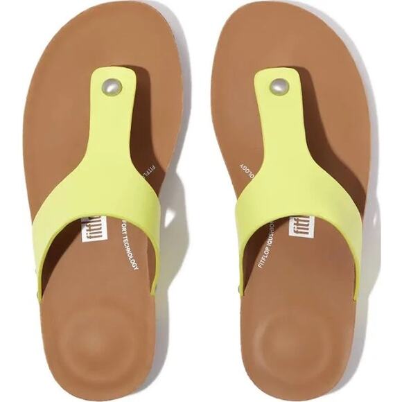 NIB Fitflop 9 Iqushion Leather Toe Post Sandals Flip Flops Studded Sunny Lime - Picture 2 of 12